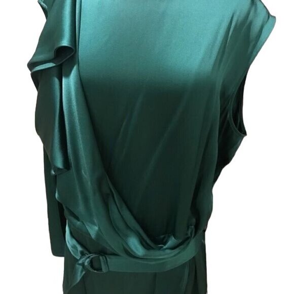 Sally Lapointe Dress 18 Green Cowl Neck Drape Luxury Old Money Belted Satin - Picture 5 of 16